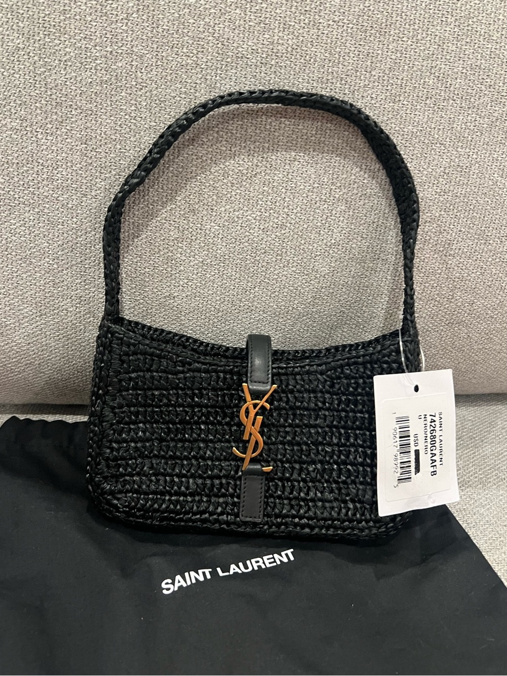 NEW SAINT LAURENT Women's Le 5 À 7 Leather - Black Trimmed Raffia Mini Hobo Bag